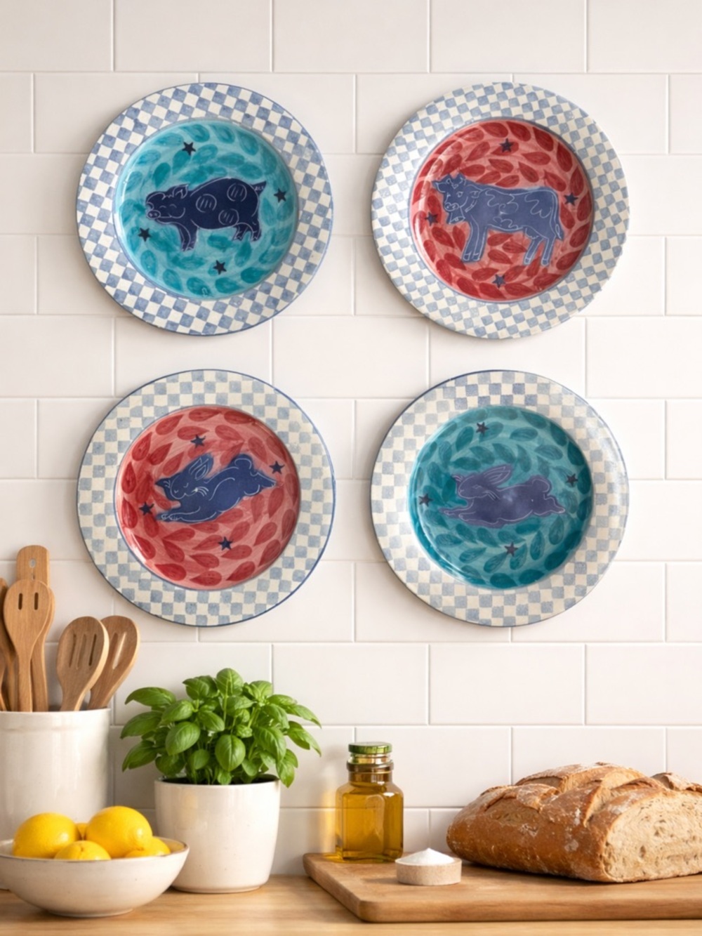 Daniel Lasser Farm Animal Ceramic hand painted dinner plate #3 bunny red plate